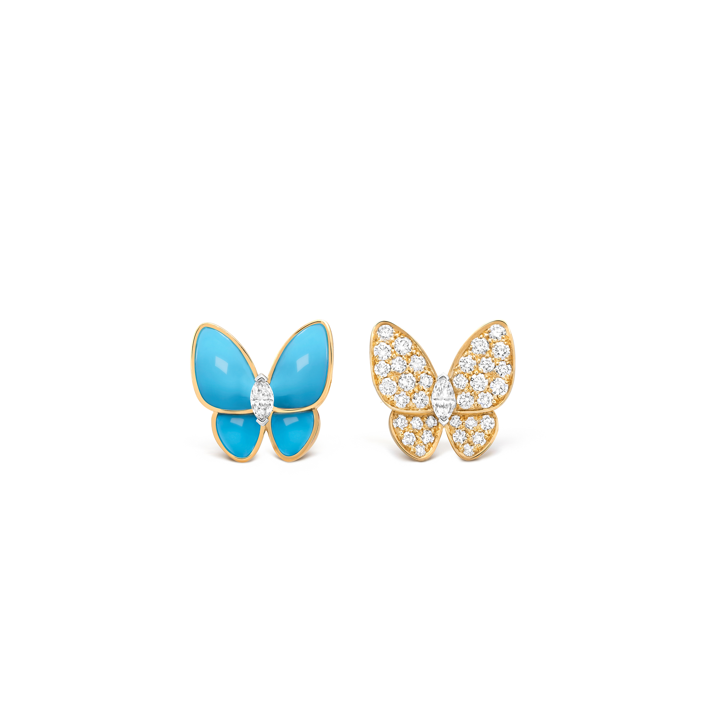 VAN CLEEF ARPELS TWO BUTTERFLY EARRINGS - YELLOW GOLD, DIAMOND, TURQUOISE  VCARP7US00